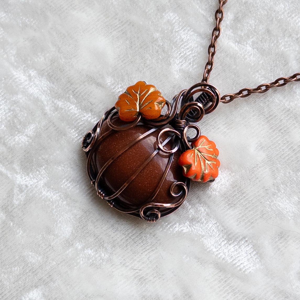 Orange Goldstone Pumpkin Pendant With Czech Glass Leaves - Antiqued Copper