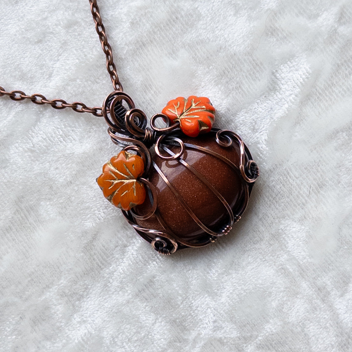 Orange Goldstone Pumpkin Pendant With Czech Glass Leaves - Antiqued Copper