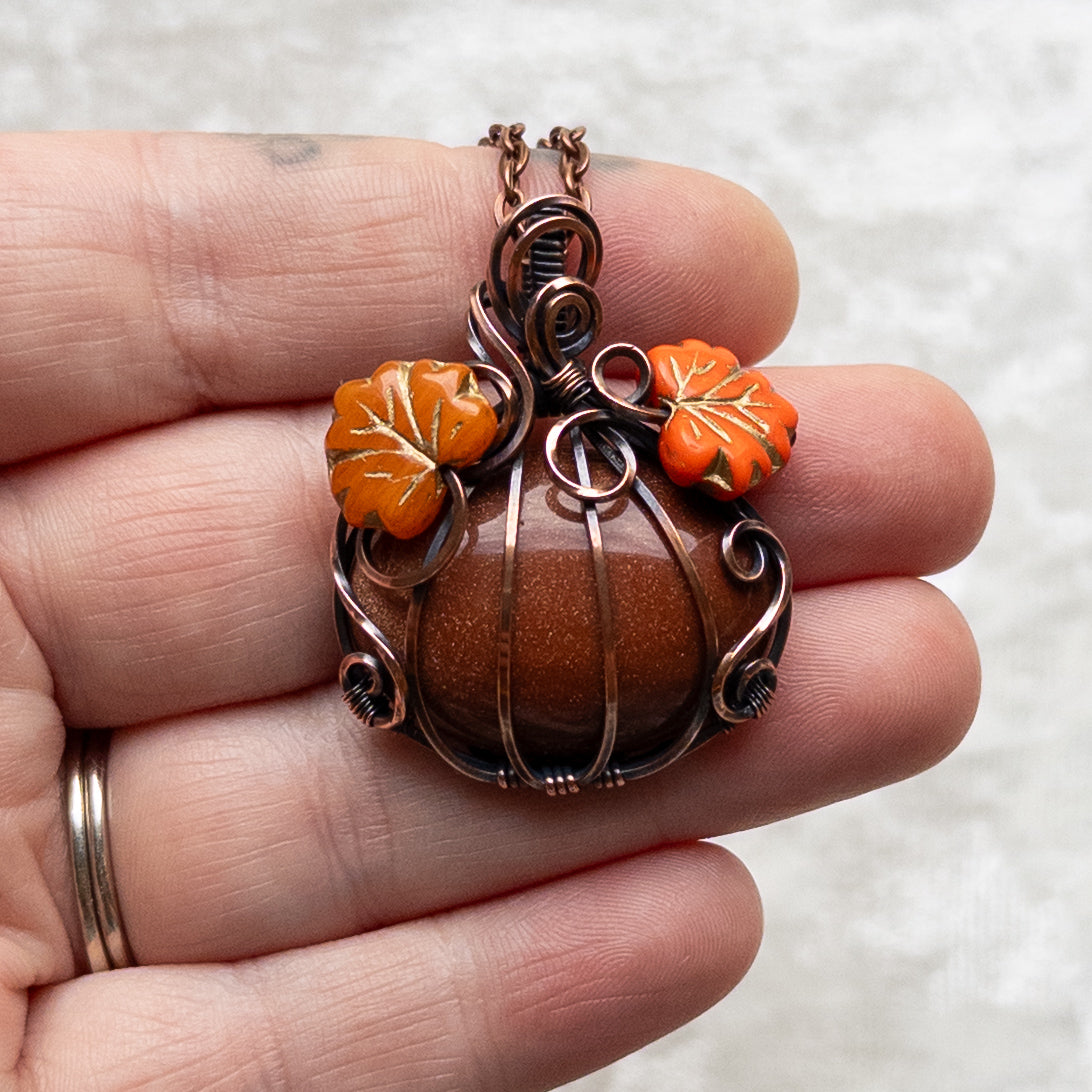 Orange Goldstone Pumpkin Pendant With Czech Glass Leaves - Antiqued Copper