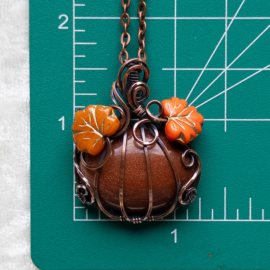 Orange Goldstone Pumpkin Pendant With Czech Glass Leaves - Antiqued Copper