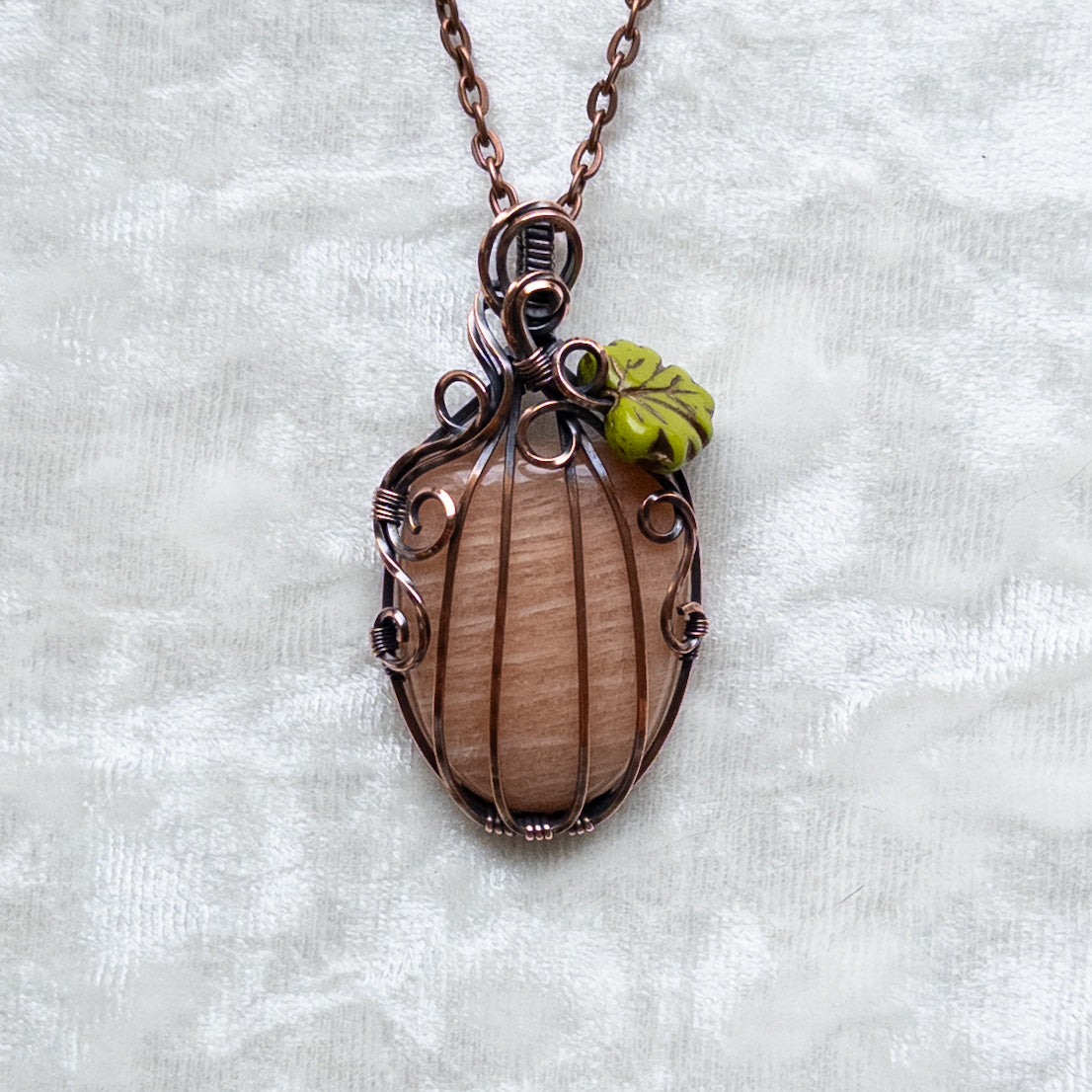 Peach Amazonite Pumpkin Pendant With Czech Glass Leaf - Antiqued Copper