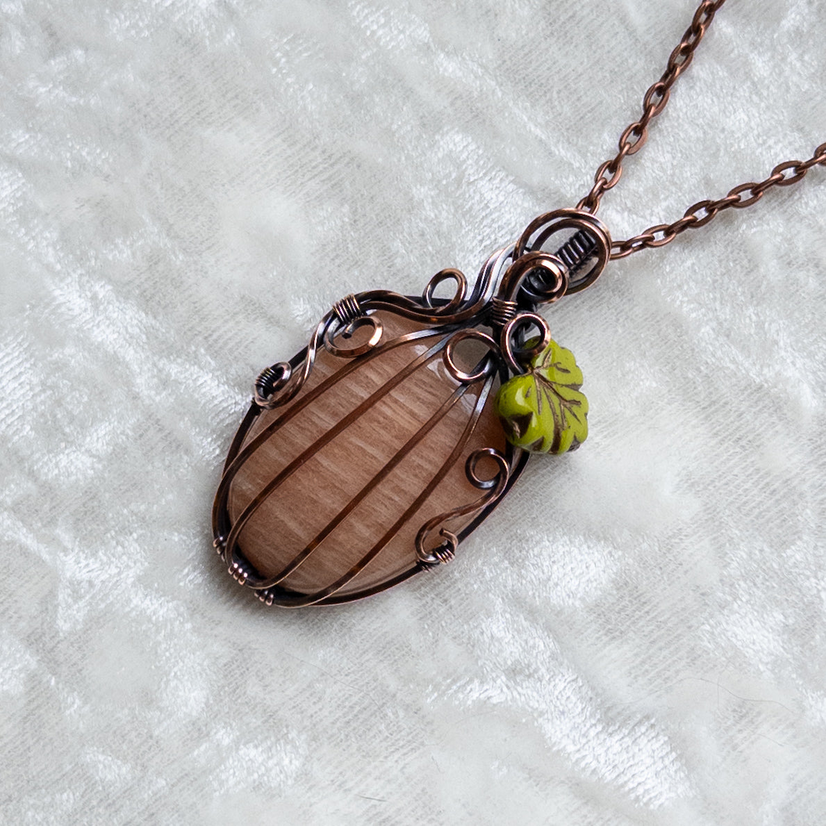 Peach Amazonite Pumpkin Pendant With Czech Glass Leaf - Antiqued Copper