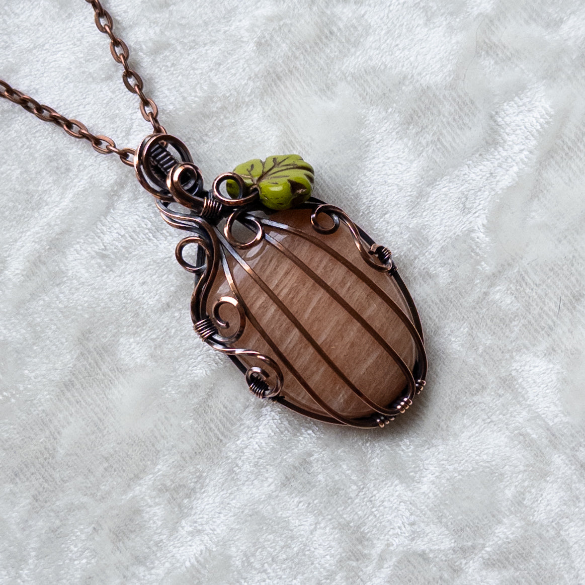 Peach Amazonite Pumpkin Pendant With Czech Glass Leaf - Antiqued Copper