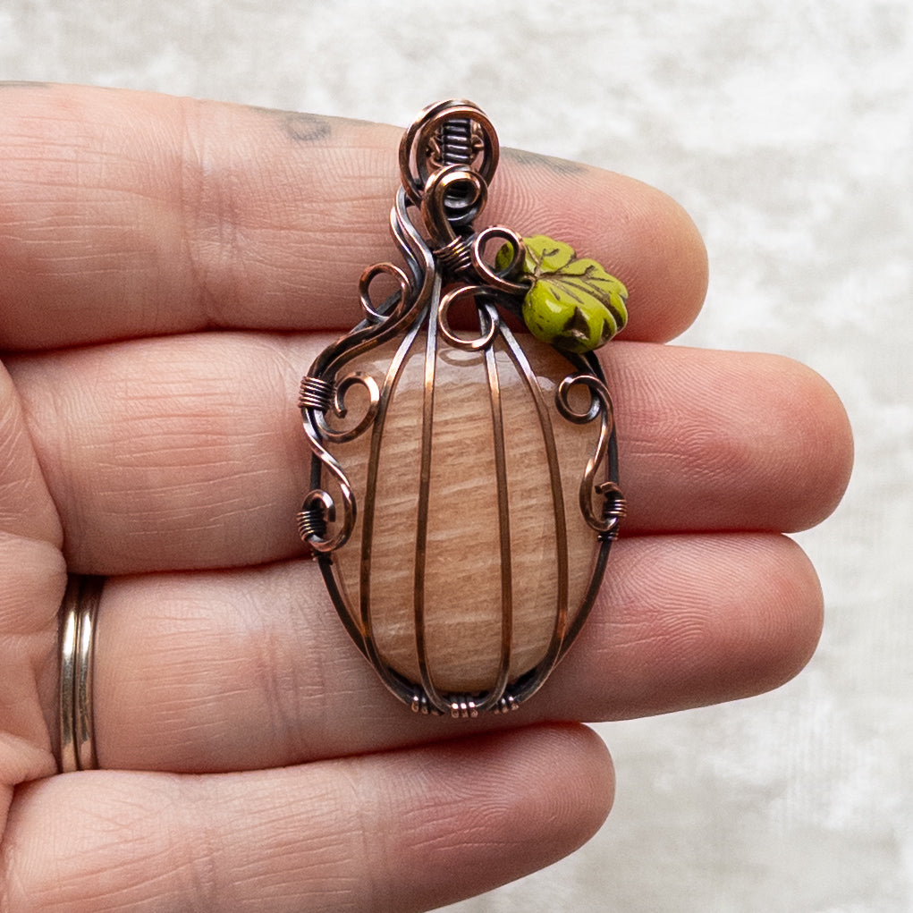 Peach Amazonite Pumpkin Pendant With Czech Glass Leaf - Antiqued Copper