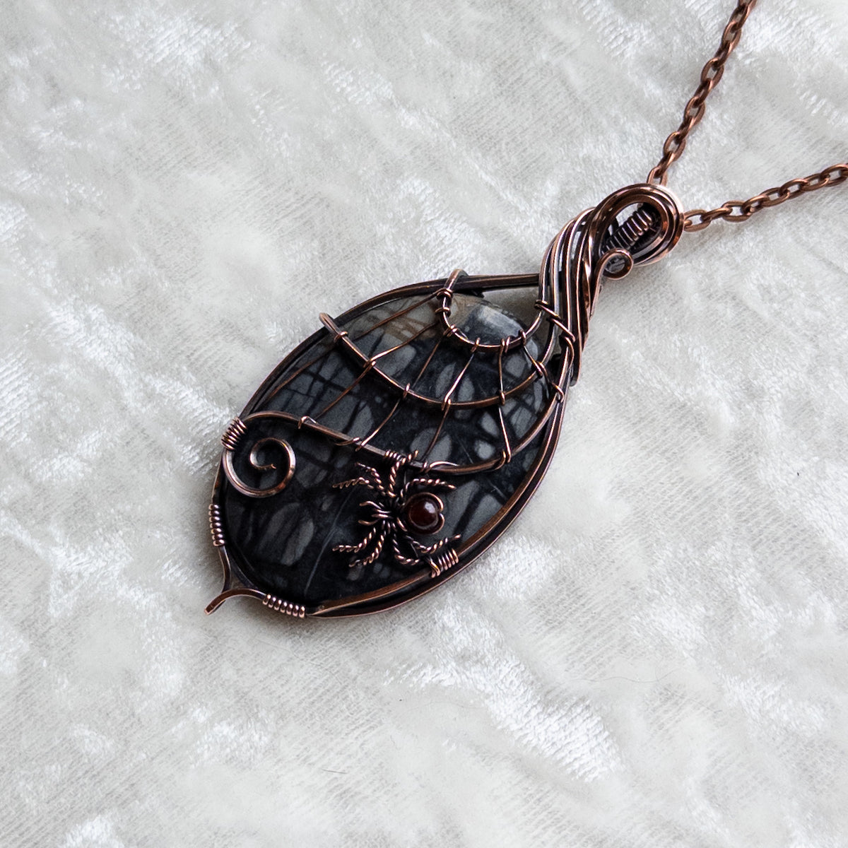 Picasso Jasper With Garnet Spider & Web Pendant - Antiqued Copper