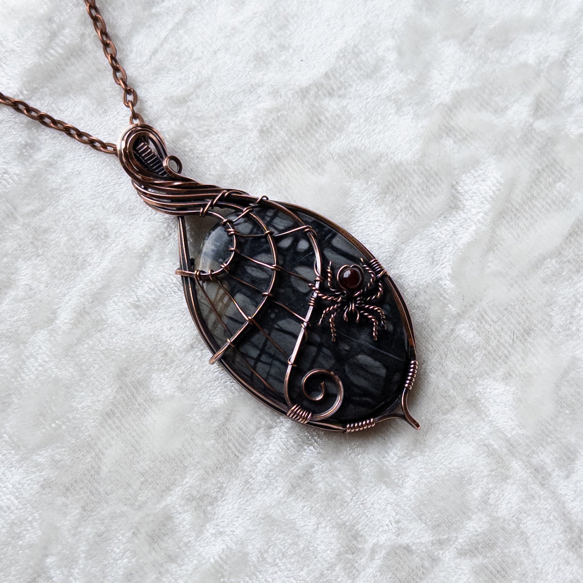 Picasso Jasper With Garnet Spider & Web Pendant - Antiqued Copper