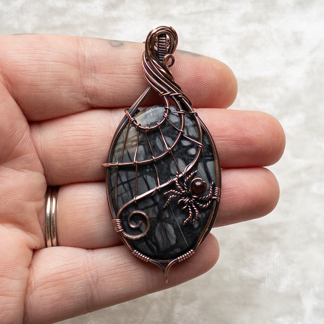 Picasso Jasper With Garnet Spider & Web Pendant - Antiqued Copper