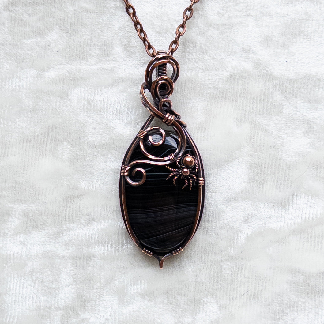 Black Agate Spider Pendant - Antiqued Copper