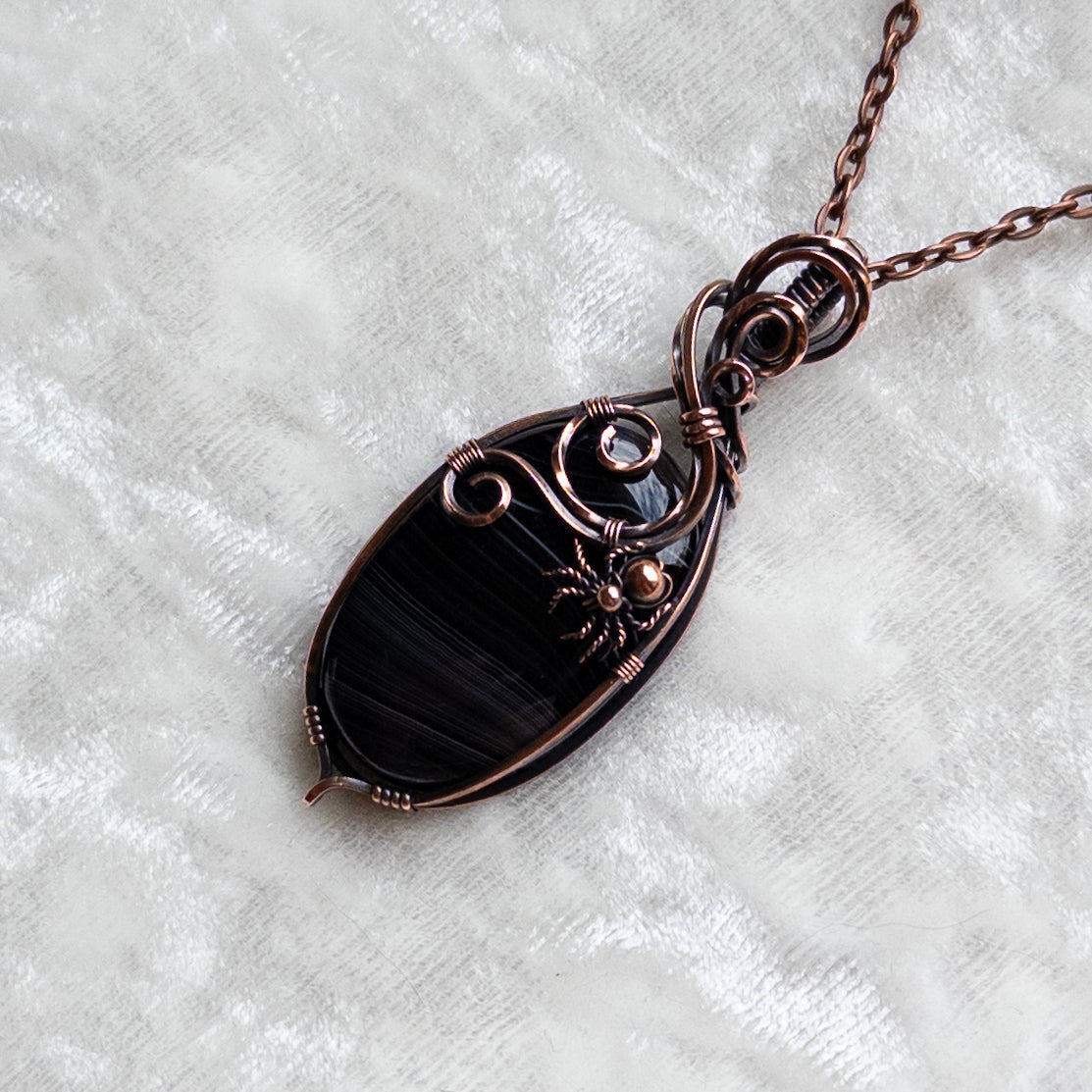 Black Agate Spider Pendant - Antiqued Copper