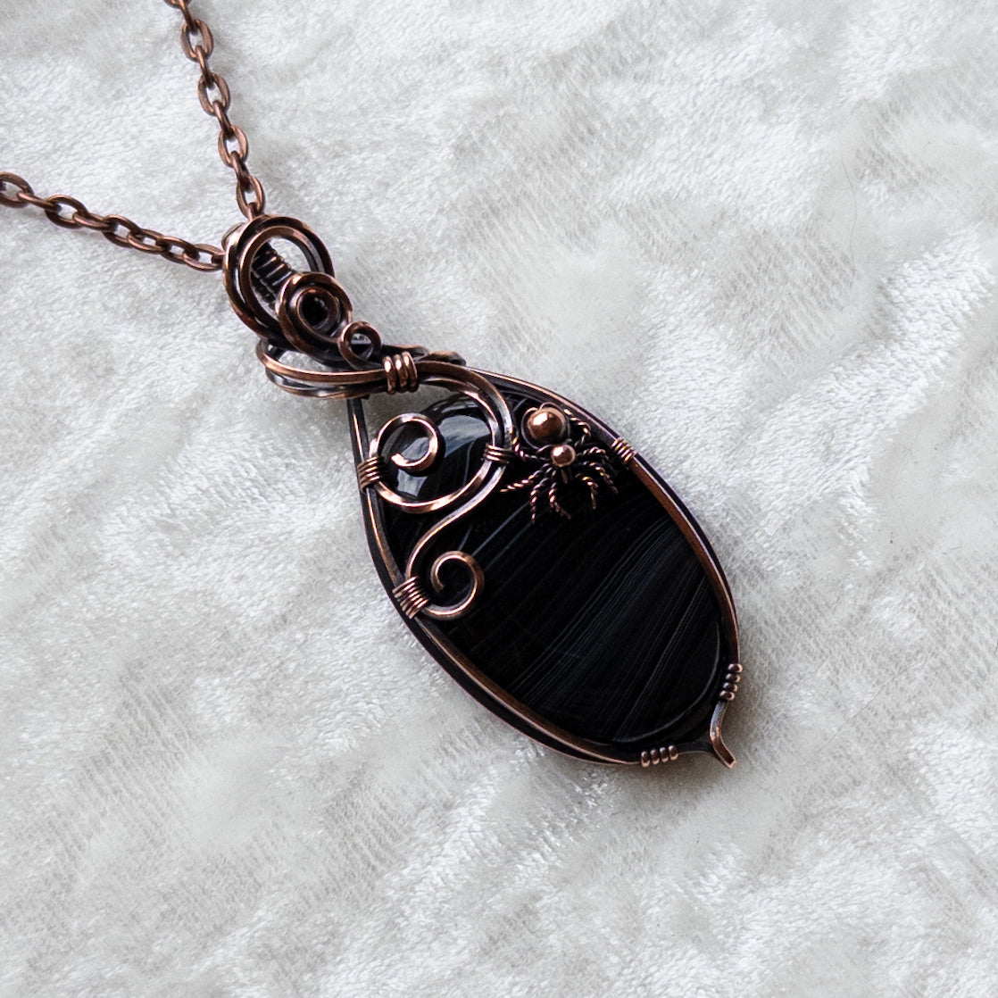 Black Agate Spider Pendant - Antiqued Copper