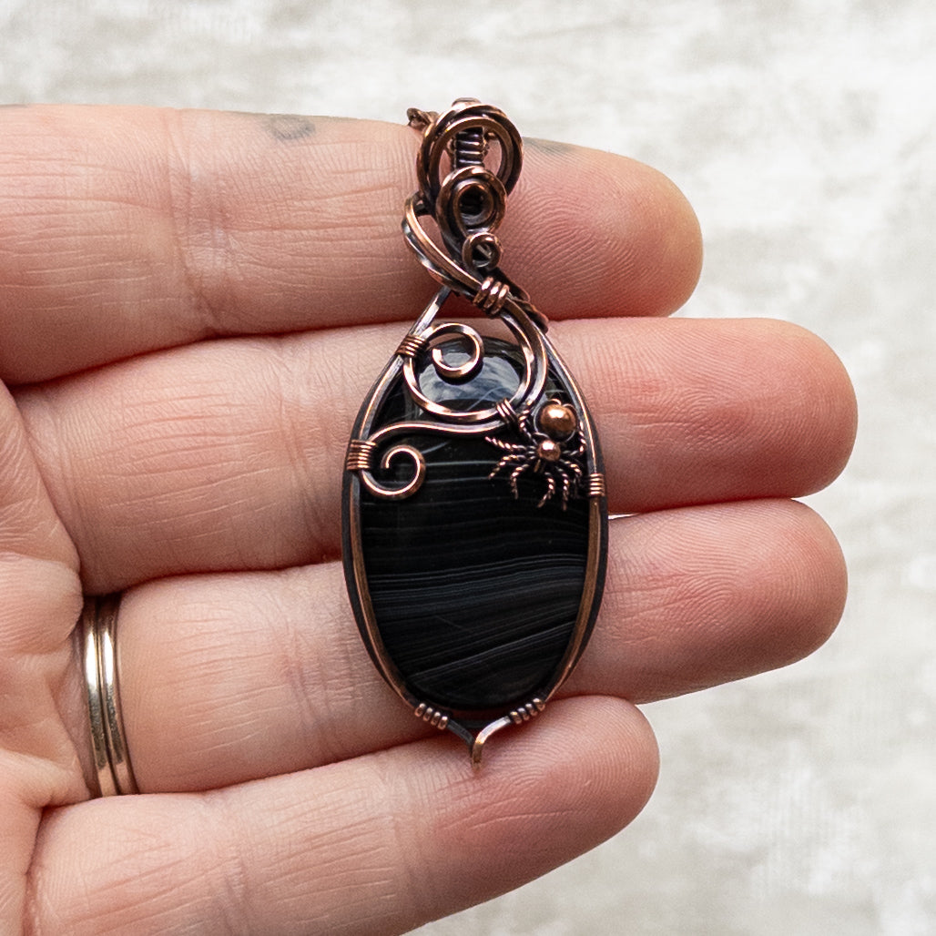 Black Agate Spider Pendant - Antiqued Copper