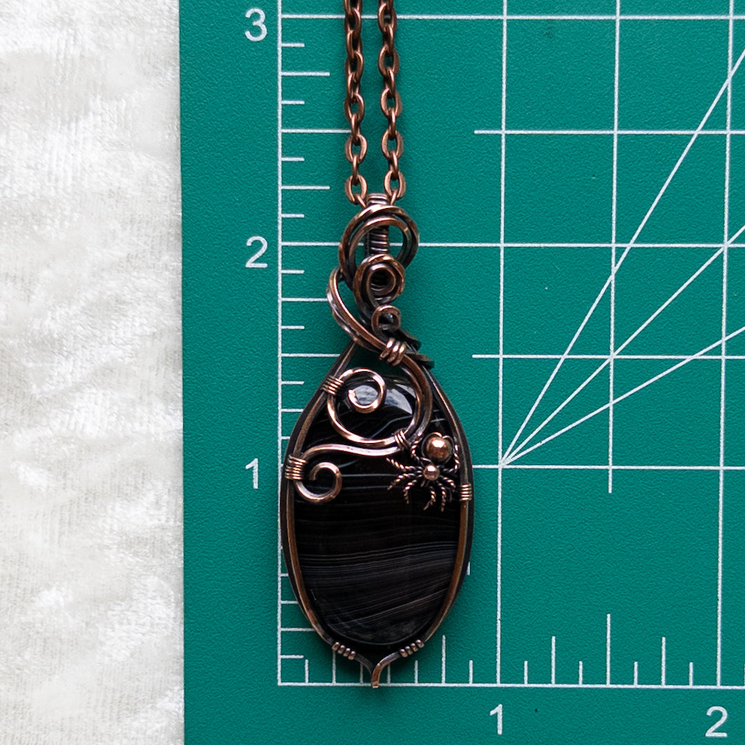 Black Agate Spider Pendant - Antiqued Copper