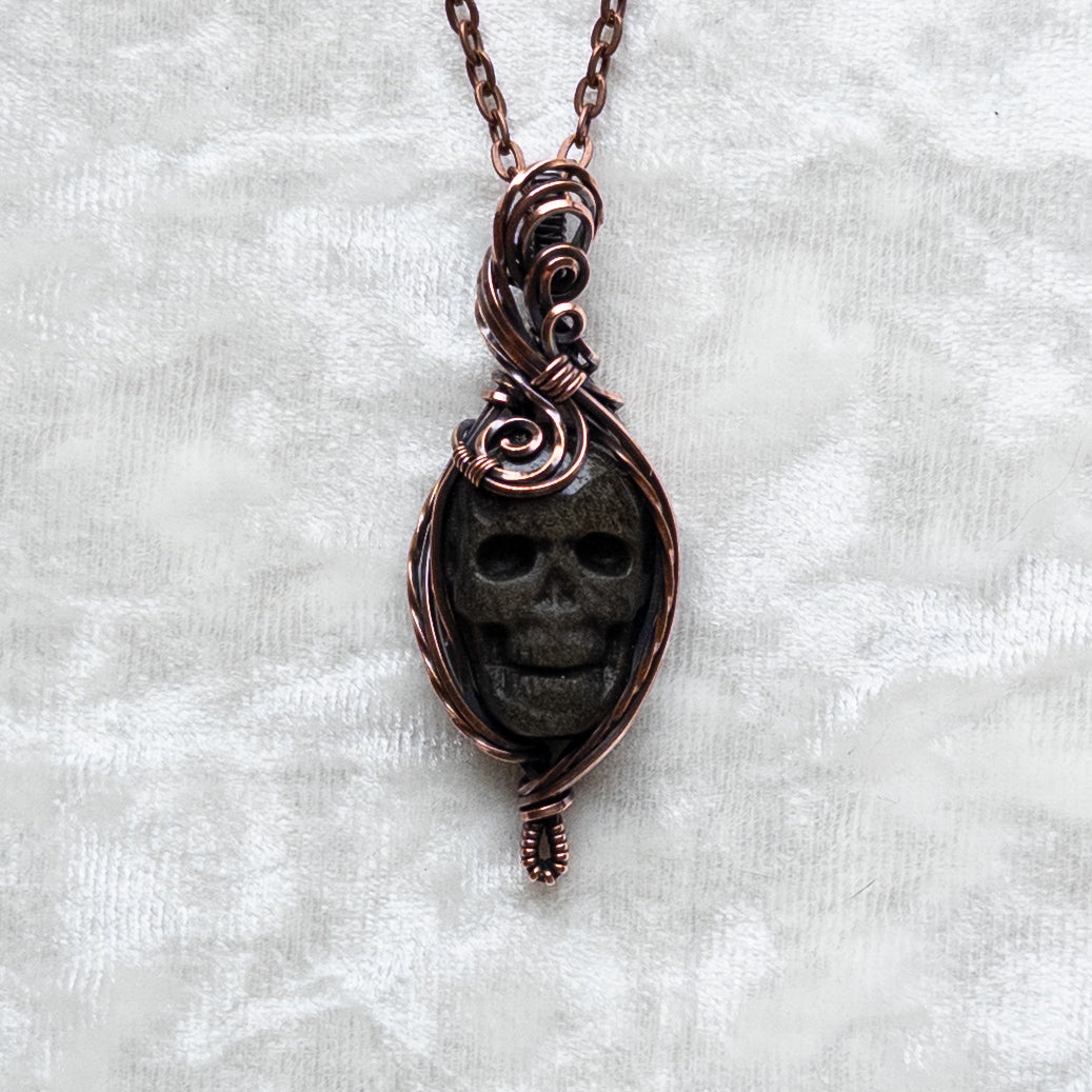 Gold Sheen Obsidian Skull Pendant - Antiqued Copper