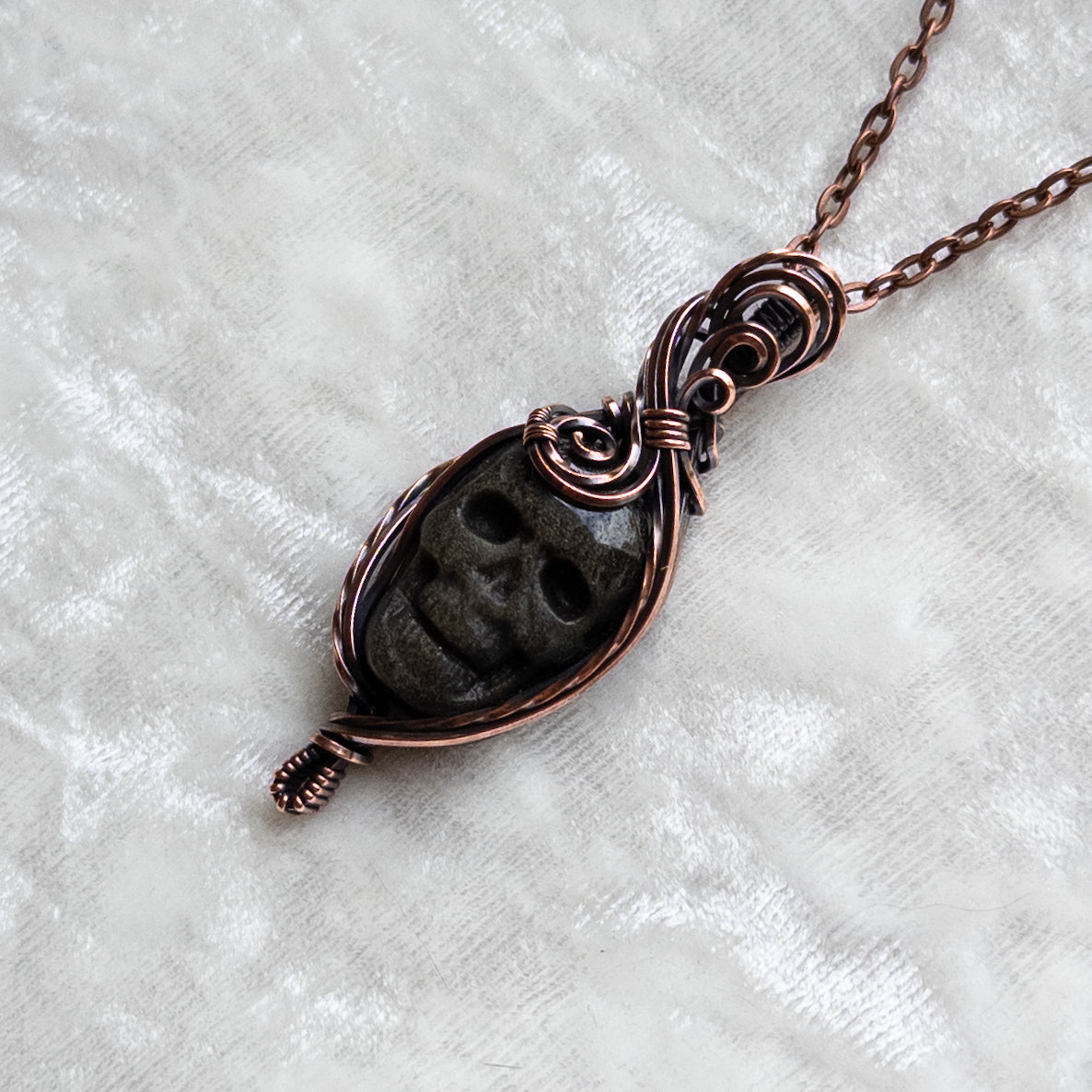 Gold Sheen Obsidian Skull Pendant - Antiqued Copper