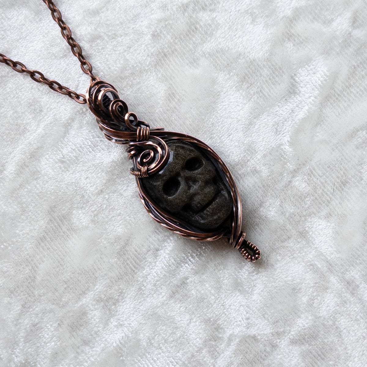 Gold Sheen Obsidian Skull Pendant - Antiqued Copper