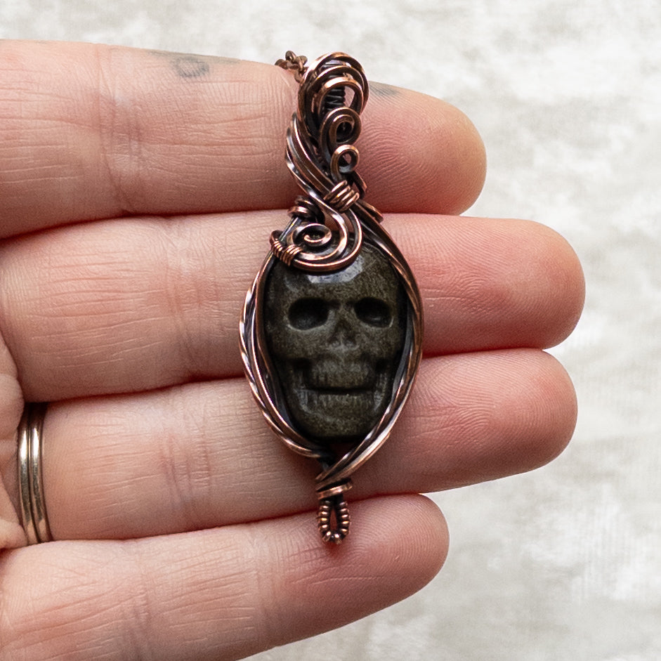 Gold Sheen Obsidian Skull Pendant - Antiqued Copper