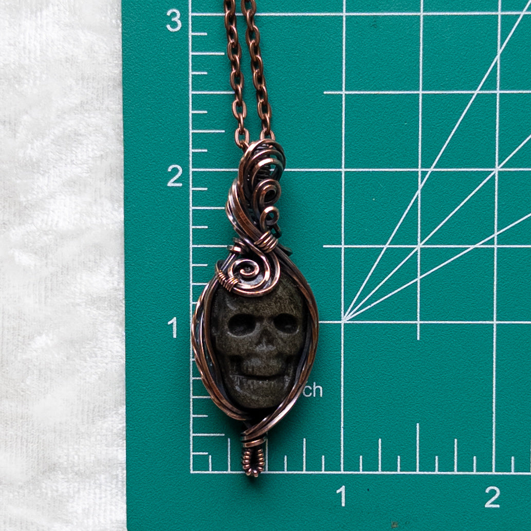 Gold Sheen Obsidian Skull Pendant - Antiqued Copper