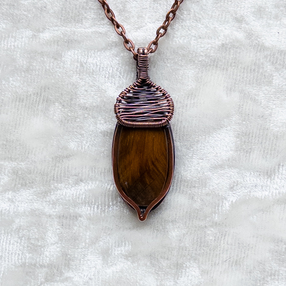 Tiger’s Eye Acorn Pendant - Antiqued Copper