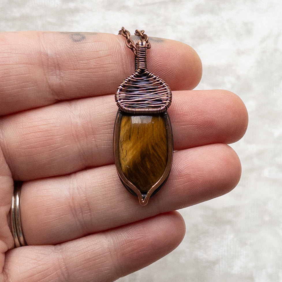 Tiger’s Eye Acorn Pendant - Antiqued Copper