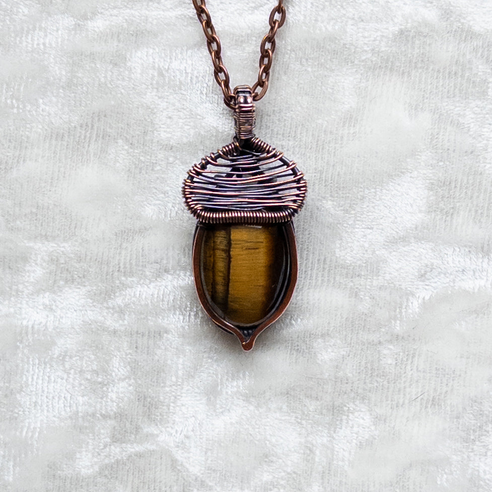 Tiger’s Eye Acorn Pendant - Antiqued Copper