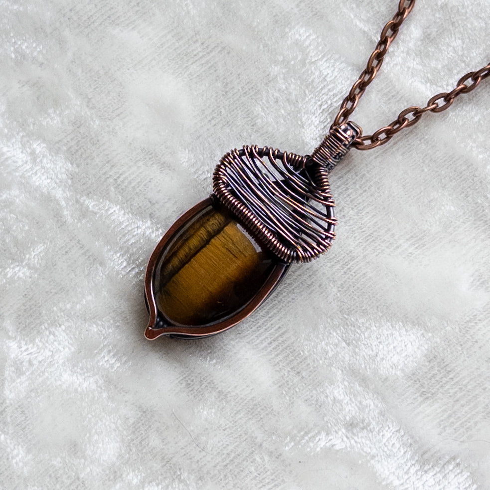 Tiger’s Eye Acorn Pendant - Antiqued Copper