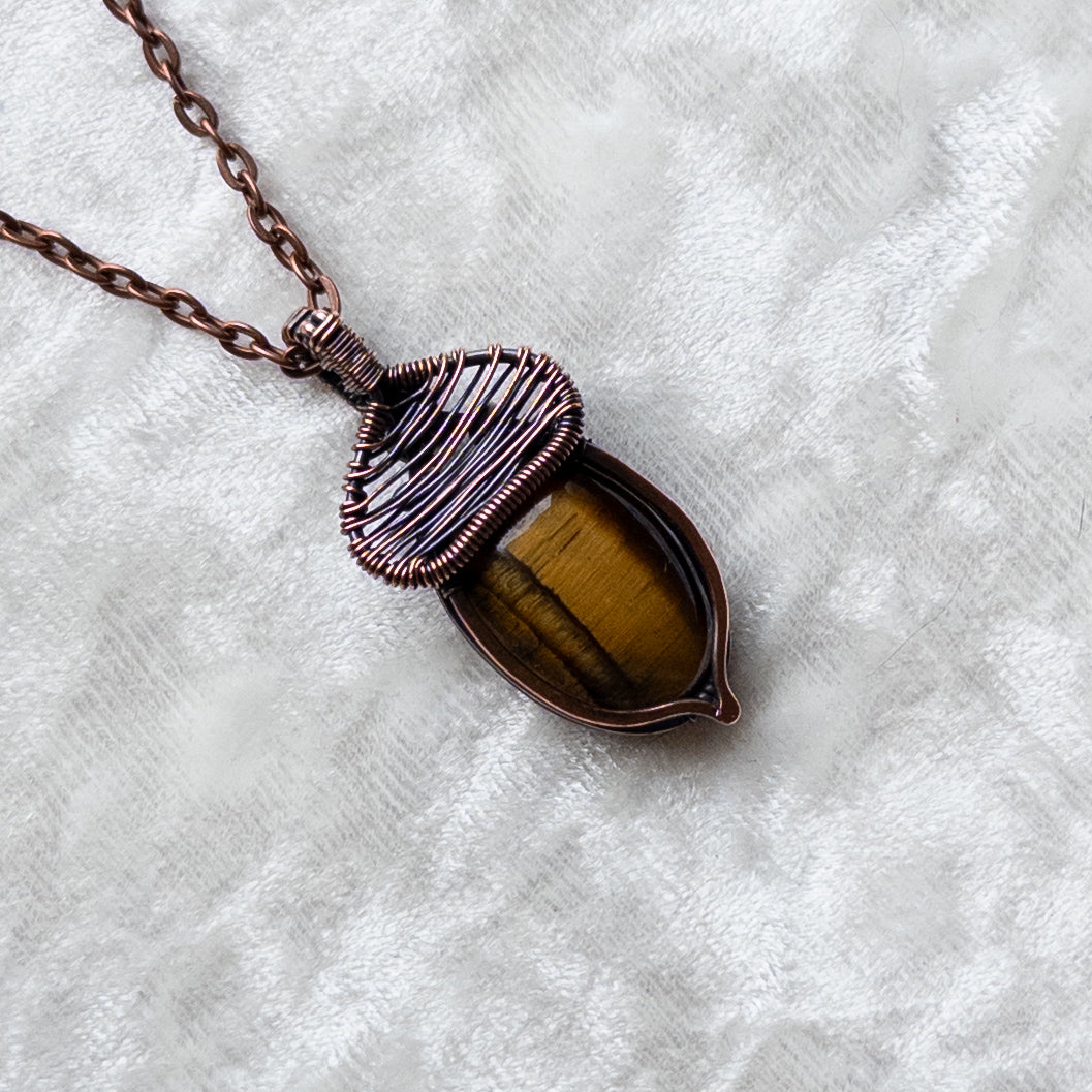 Tiger’s Eye Acorn Pendant - Antiqued Copper