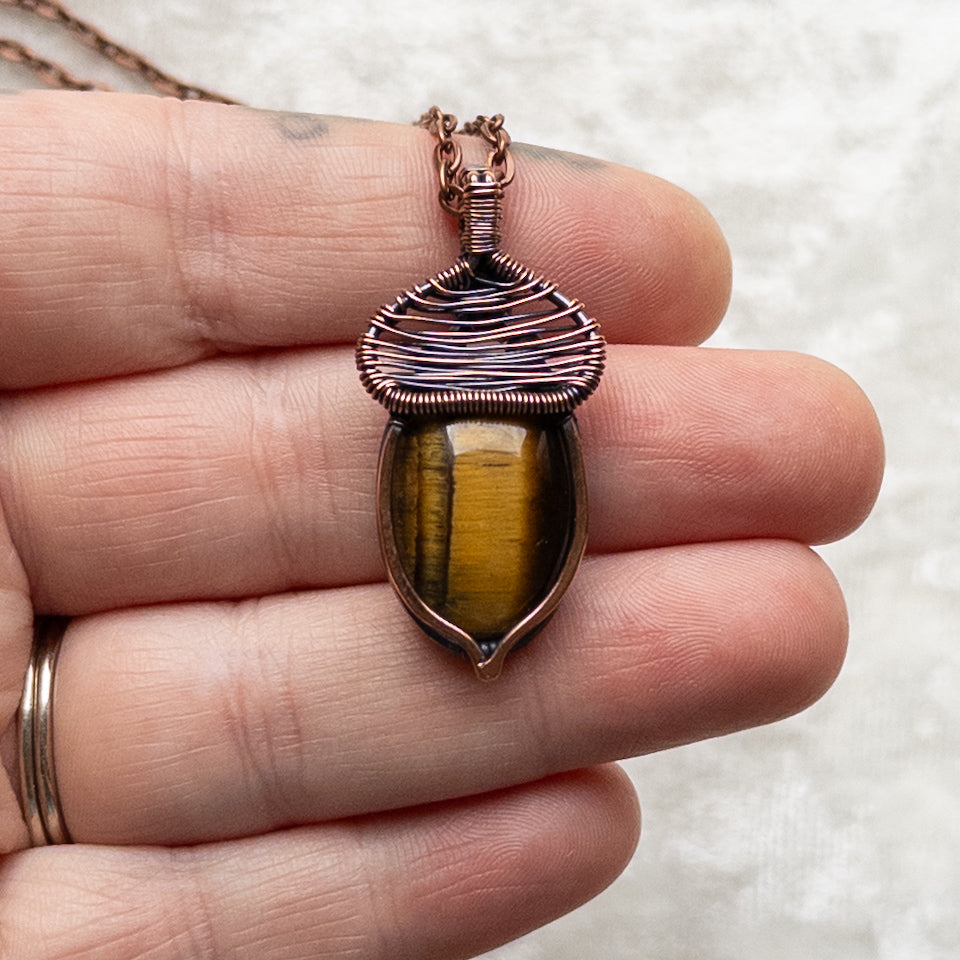 Tiger’s Eye Acorn Pendant - Antiqued Copper