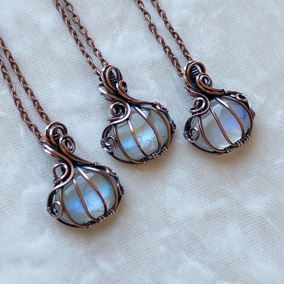 Mini Moonstone Antiqued Copper Pumpkin Pendant