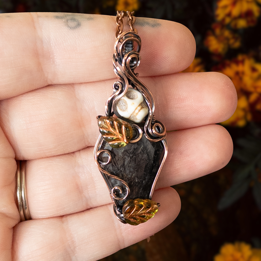 Tourmalinated Quartz Coffin & Skull Antiqued Copper Pendant With Czech Glass Leaves