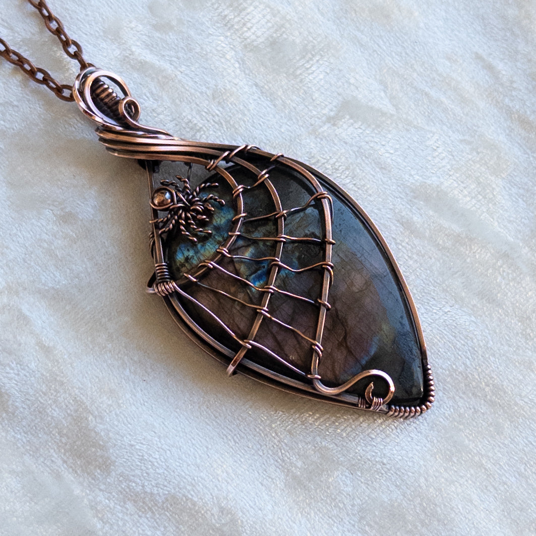 Labradorite Spider & Web Antiqued Copper Pendant