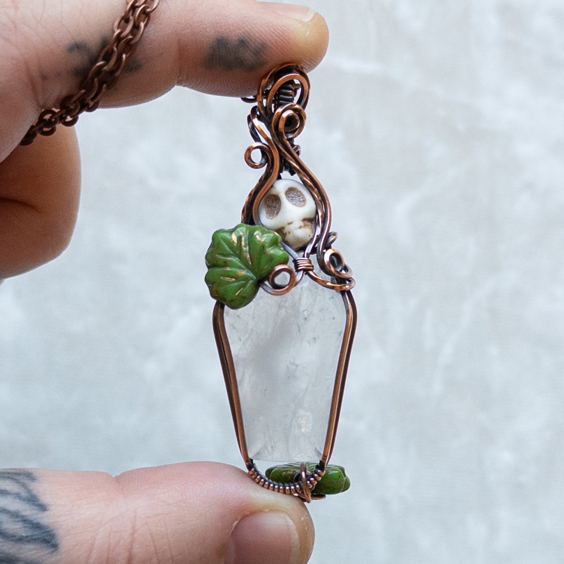 Quartz Coffin & Skull Antiqued Copper Pendant With Czech Glass Leaves