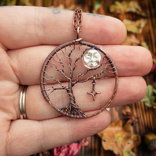 “Moon In The Tree” Antiqued Copper Pendant With Iridescent Czech Glass Bead