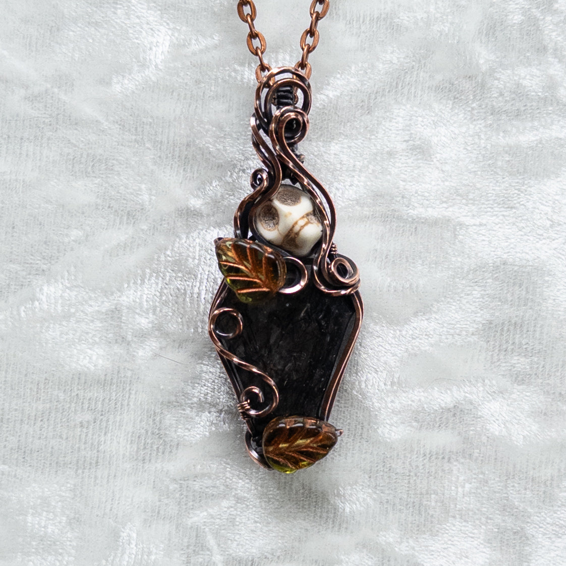Tourmalinated Quartz Coffin & Skull Antiqued Copper Pendant With Czech Glass Leaves