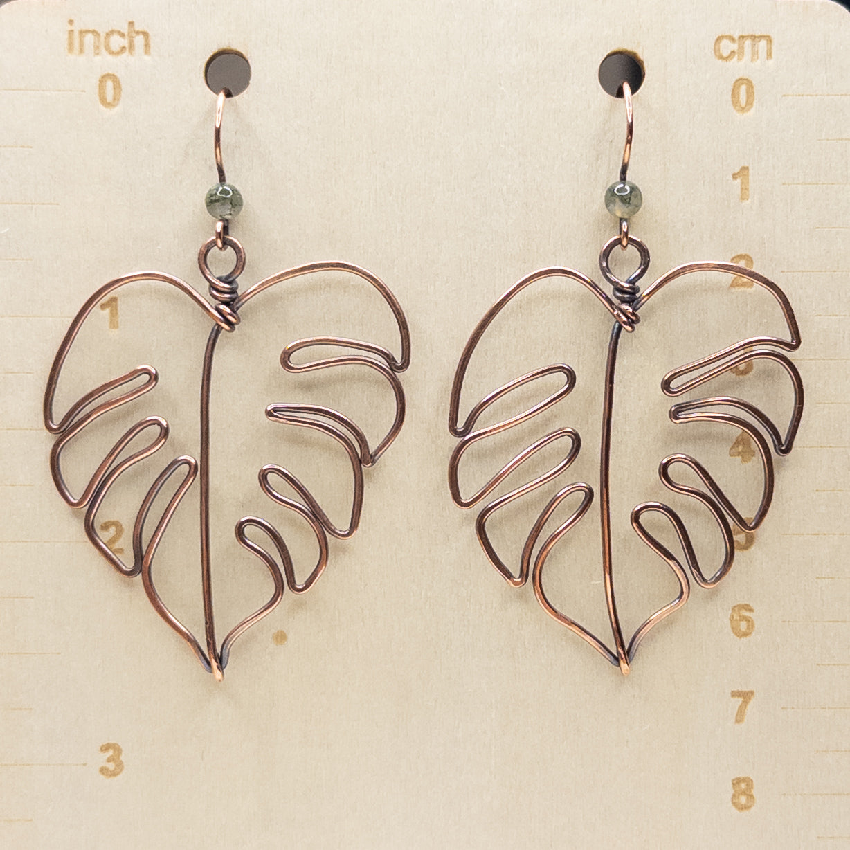 Moss Agate Hammered Monstera Leaf Antiqued Copper Earrings
