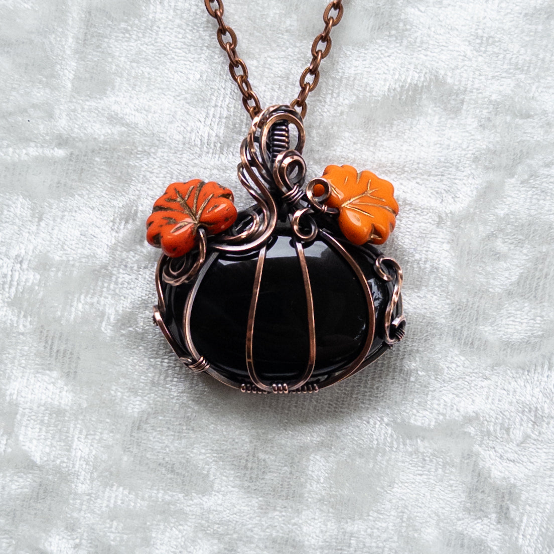 Black Onyx Pumpkin Antiqued Copper Pendant With Czech Glass Leaves
