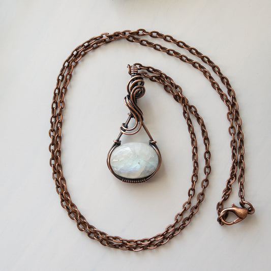 Rainbow Moonstone & Copper Wrapped Pendant