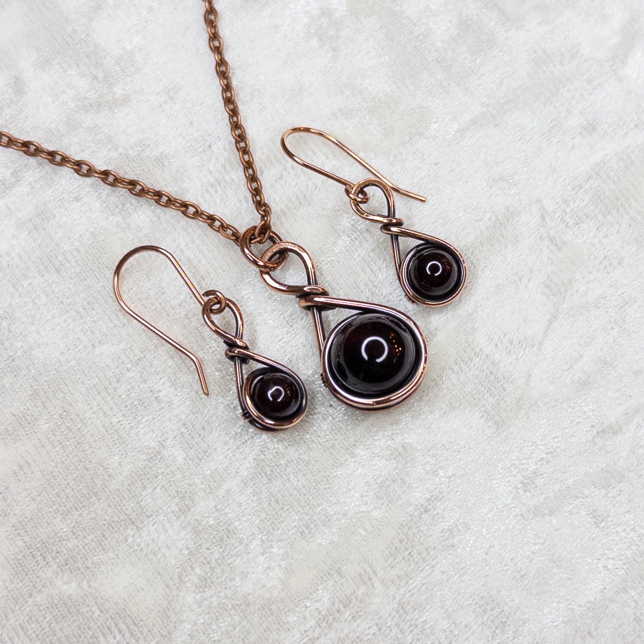 Drops of Garnet Antiqued Copper Pendant & Earrings Set