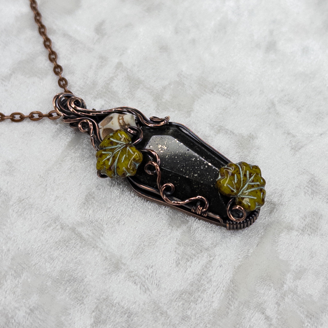 African Bloodstone With Pyrite  Coffin & Skull Antiqued Copper Pendant with Czech Glass Leaves