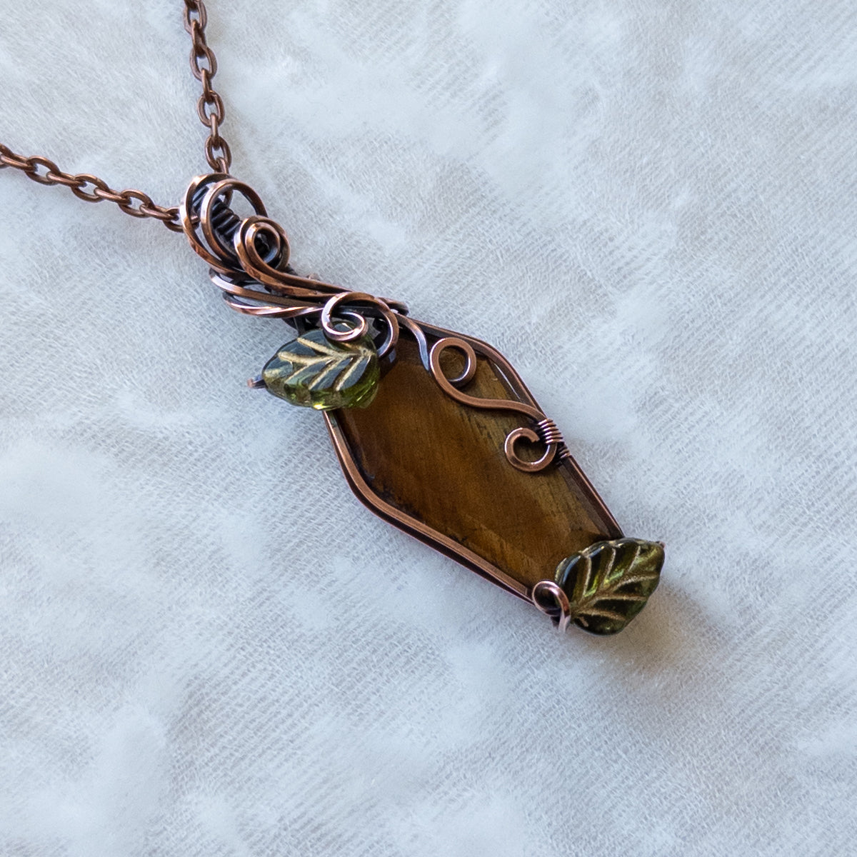 Tiger’s Eye Coffin & Leaves Antiqued Copper Pendant