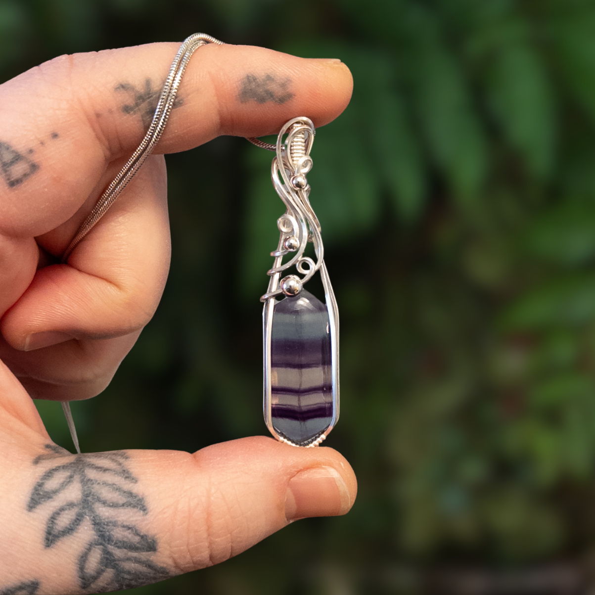 Purple & Blue Banded Fluorite Sterling Silver Wrapped Pendant