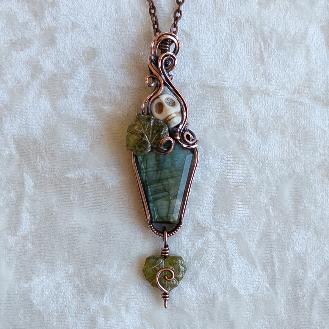 Labradorite Coffin & Skull Antiqued Copper Pendant With Czech Glass Leaves