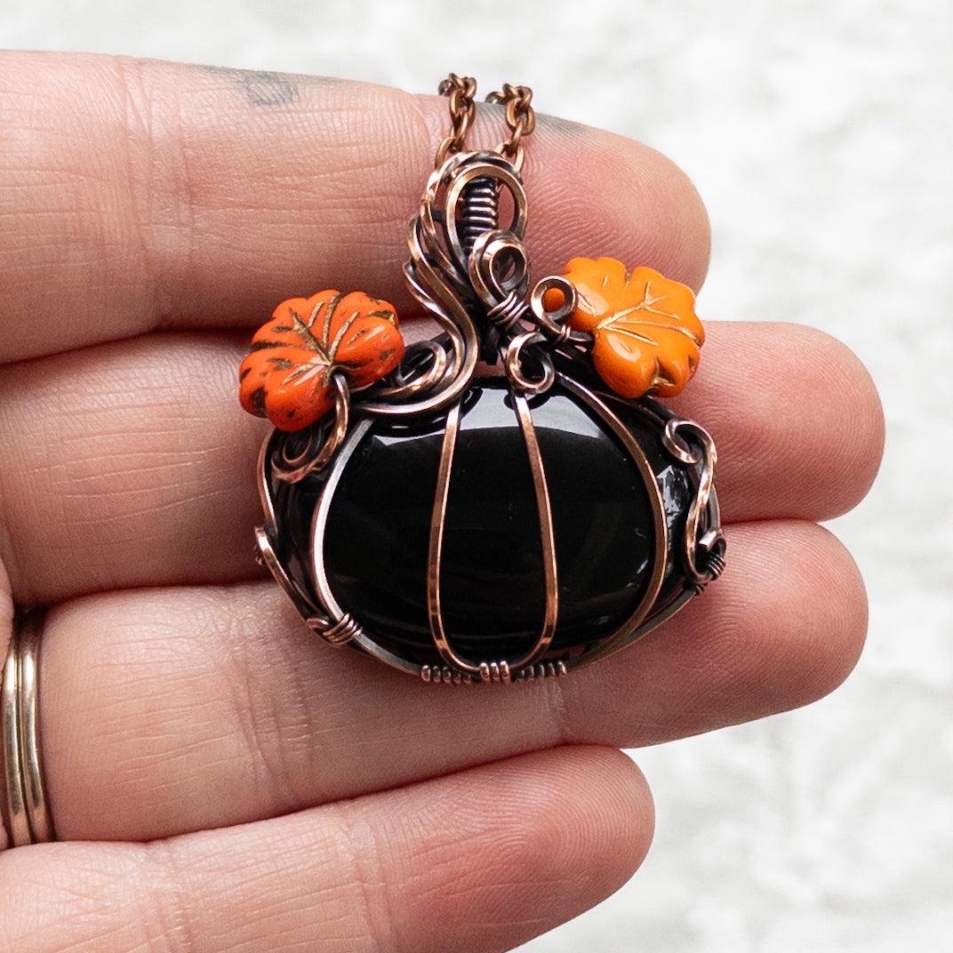 Black Onyx Pumpkin Antiqued Copper Pendant With Czech Glass Leaves