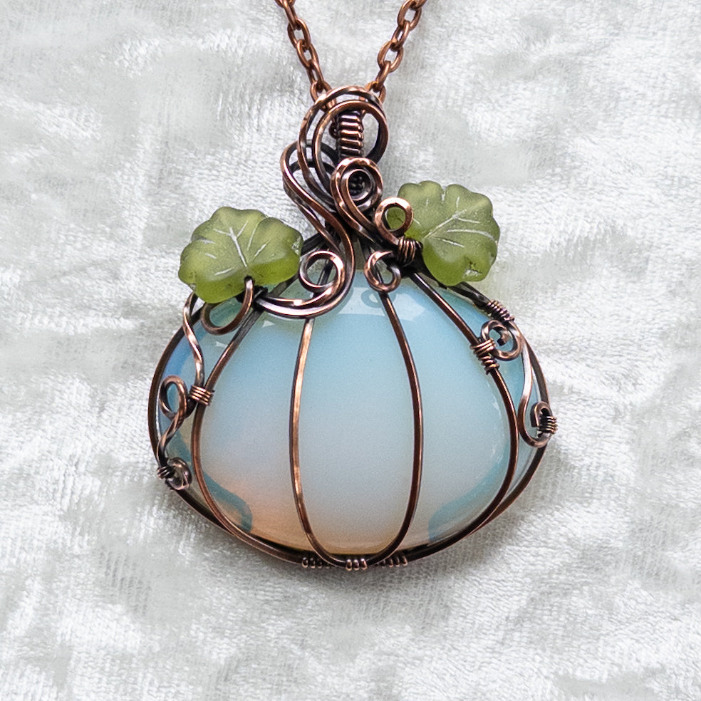 Opalite Glass Pumpkin Antiqued Copper Pendant With Czech Glass Leaves