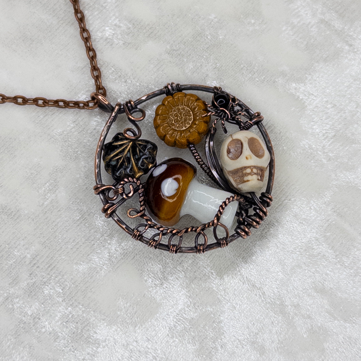 “Autumn Rest” Antiqued Copper Pendant With Czech Glass Botanical Beads, Lampwork Mushroom Bead, Stone Skull Bead, And Tiny Glass & Wire Spider