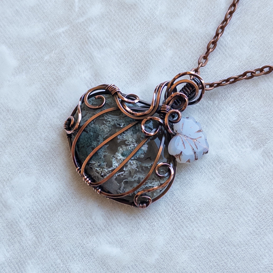 Moss Agate Antiqued Copper Pumpkin Pendant With Czech Glass Leaf