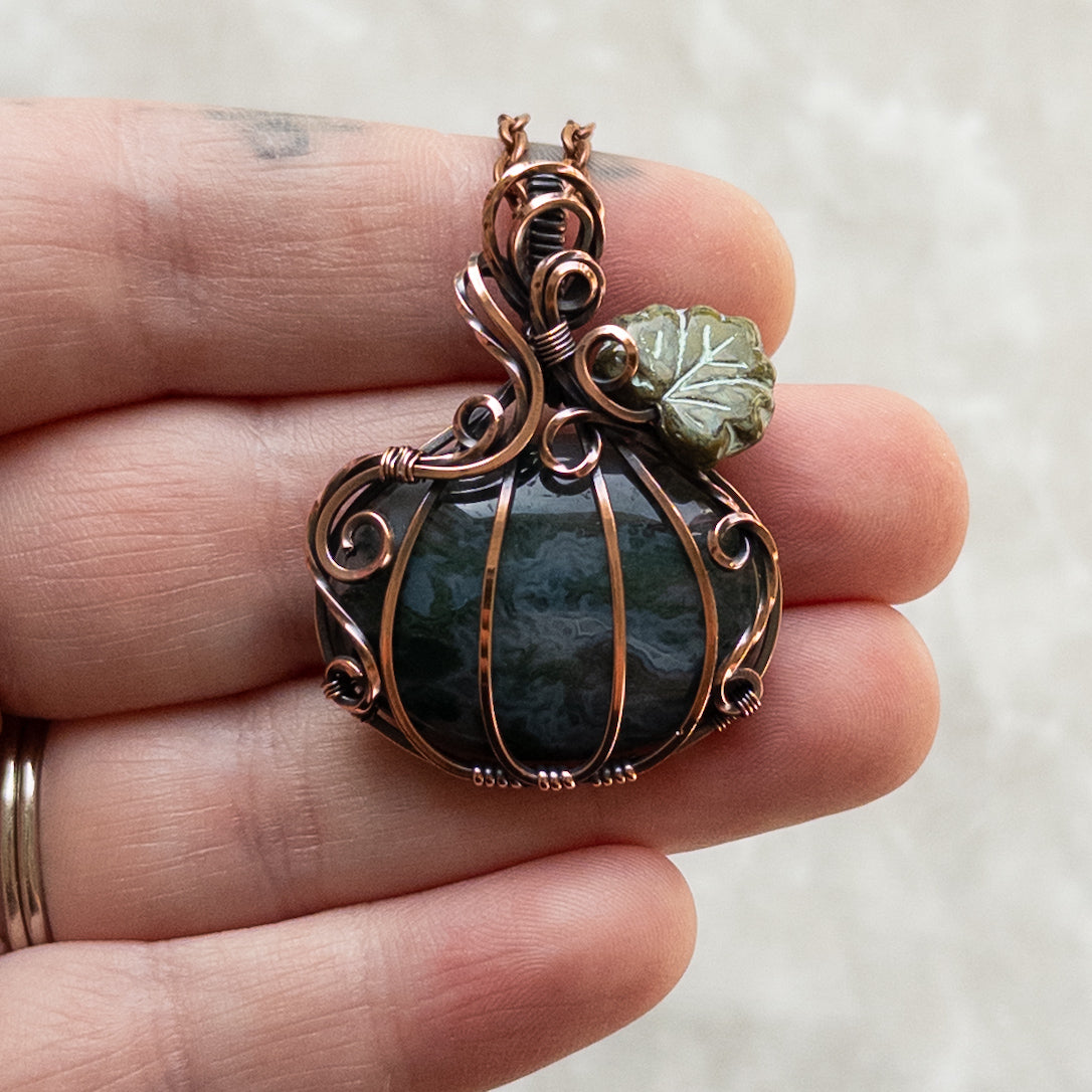 Moss Agate Antiqued Copper Pumpkin Pendant With Czech Glass Leaf