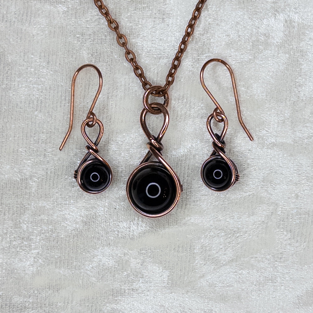 Drops of Obsidian Antiqued Copper Pendant & Earrings Set