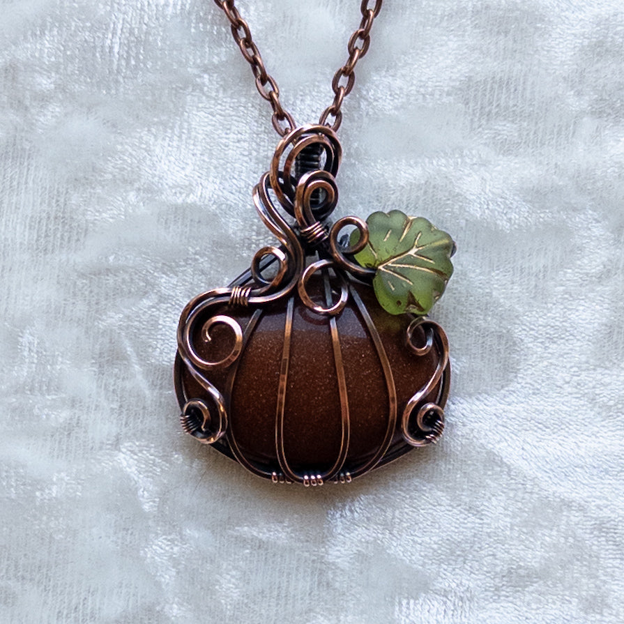 Orange Goldstone Pumpkin Pendant With Czech Glass Leaf - Antiqued Copper