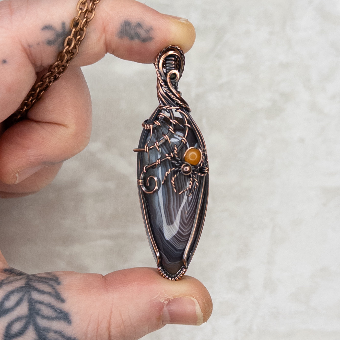 Botswana Agate & Orange Aventurine Spider Antiqued Copper Pendant