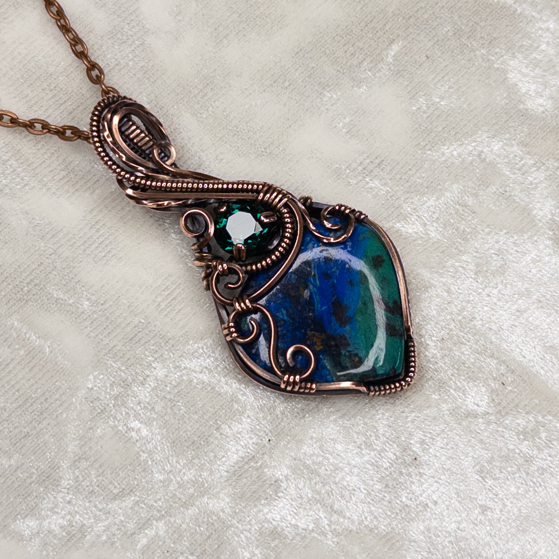 Moroccan Azurite with Malachite & Simulated Emerald Antiqued Copper Pendant